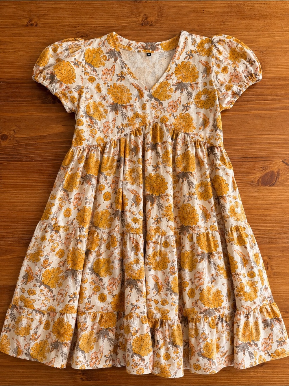 Mustard Yellow Floral Babydoll Dress • Small • Feels like cotton / lenin blend.